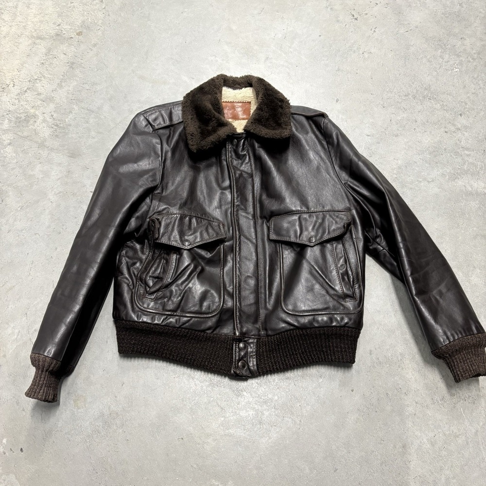Vintage William Barry Brown Leather Sherpa Lined Bomber Moto Jacket Men's Sz42